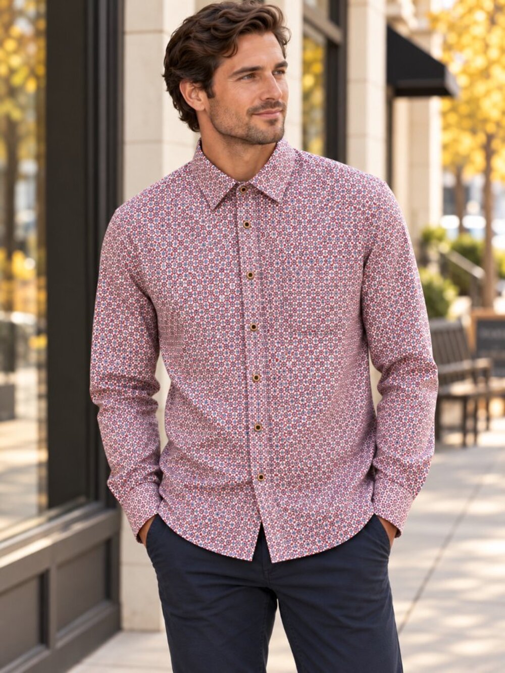 Johnston & Murphy Geometric Button Up Shirt Mens Size Small Red Blue Preppy